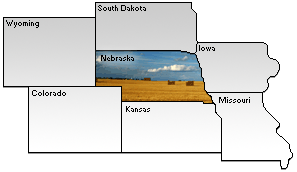 Nebraska surrounded by South Dakota, Wyoming, Colorado, Kansas, Missouri and Iowa.
